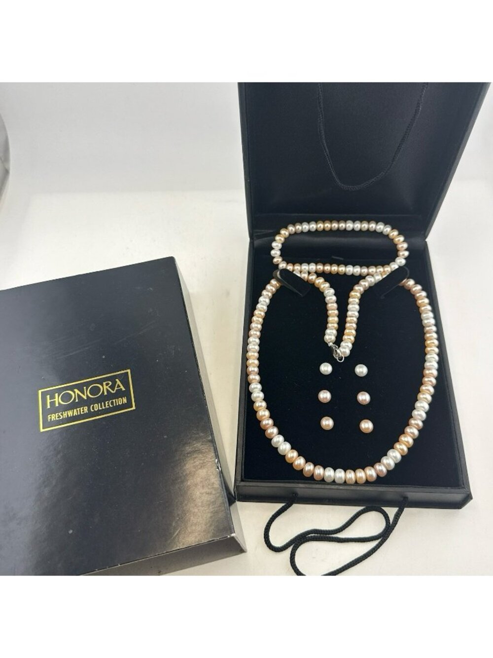 Honora Necklace Earrings Bracelet Set Lot White Pink Button Sterling Silver Box